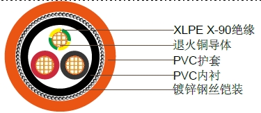 2+E聚乙烯绝缘，聚氯乙烯护套铠装电缆,0.6/1kV 